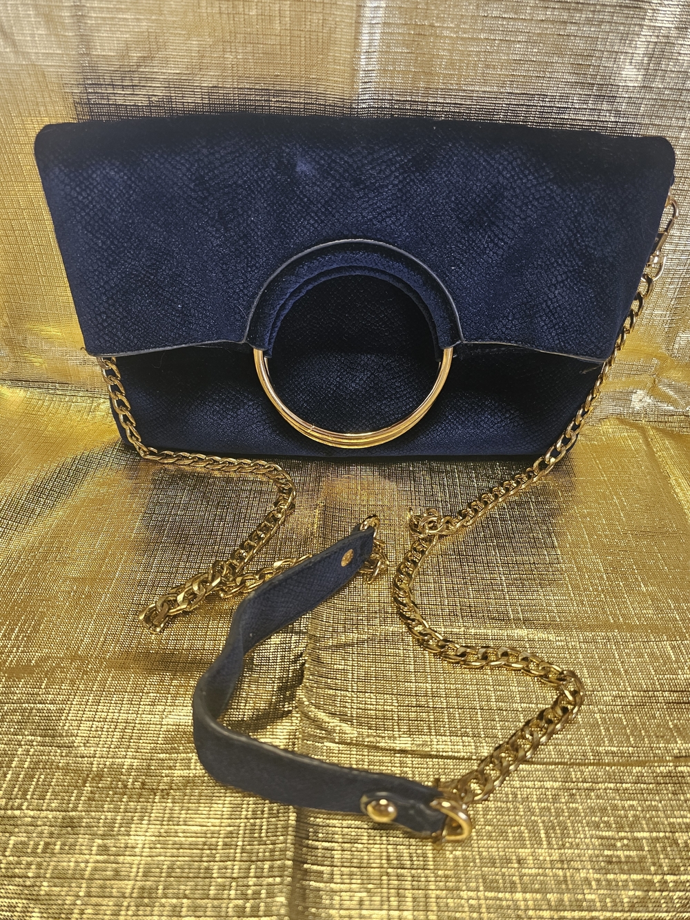 Navy Blue Suede Crossbody Bag with Gold Ring Accent